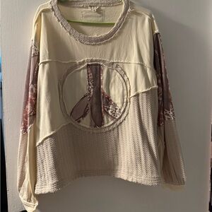 Beige Patchwork Peace Sign Top